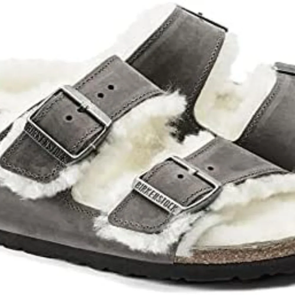 NWB! Birkenstock Men's Arizona Shearling Sandals, Iron/Natural, Grey, Tan, 8 US
